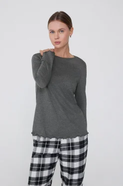 Long Sleeve Lettuce Leaf Stitch Cotton Top - Pajama Sets - Women | Tezenis