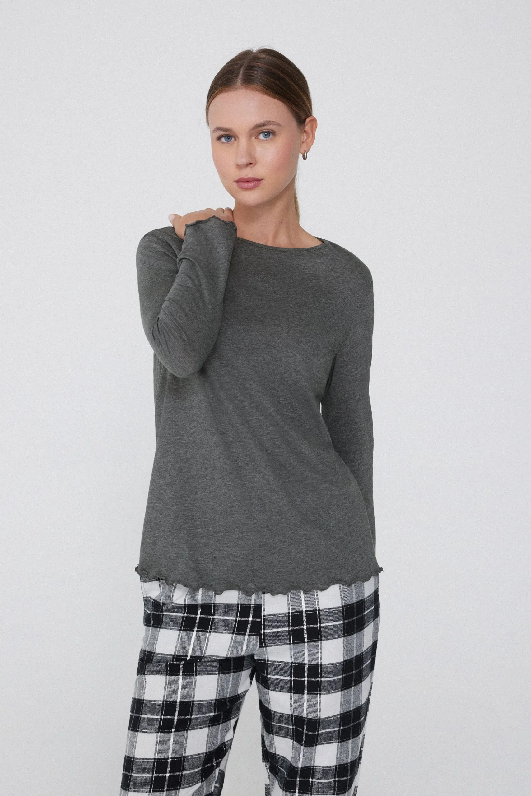 Long Sleeve Lettuce Leaf Stitch Cotton Top - Pajama Sets - Women | Tezenis