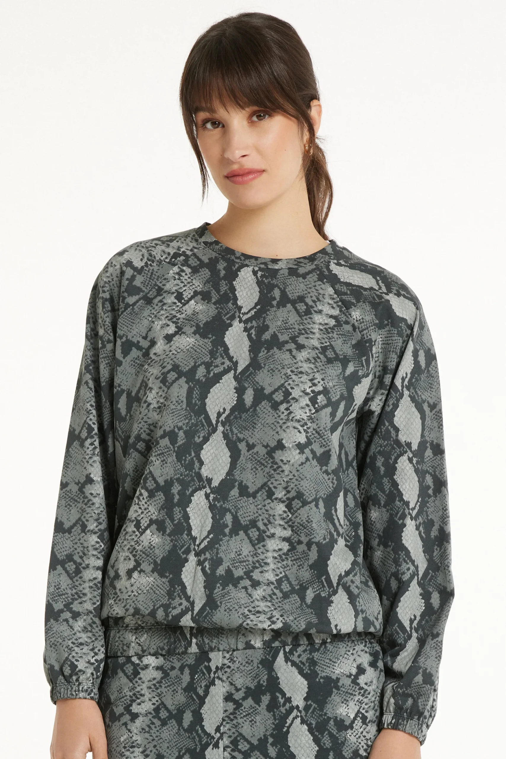 Long Sleeve Printed Crew Neck Sweater - Tracksuits - Women | Tezenis