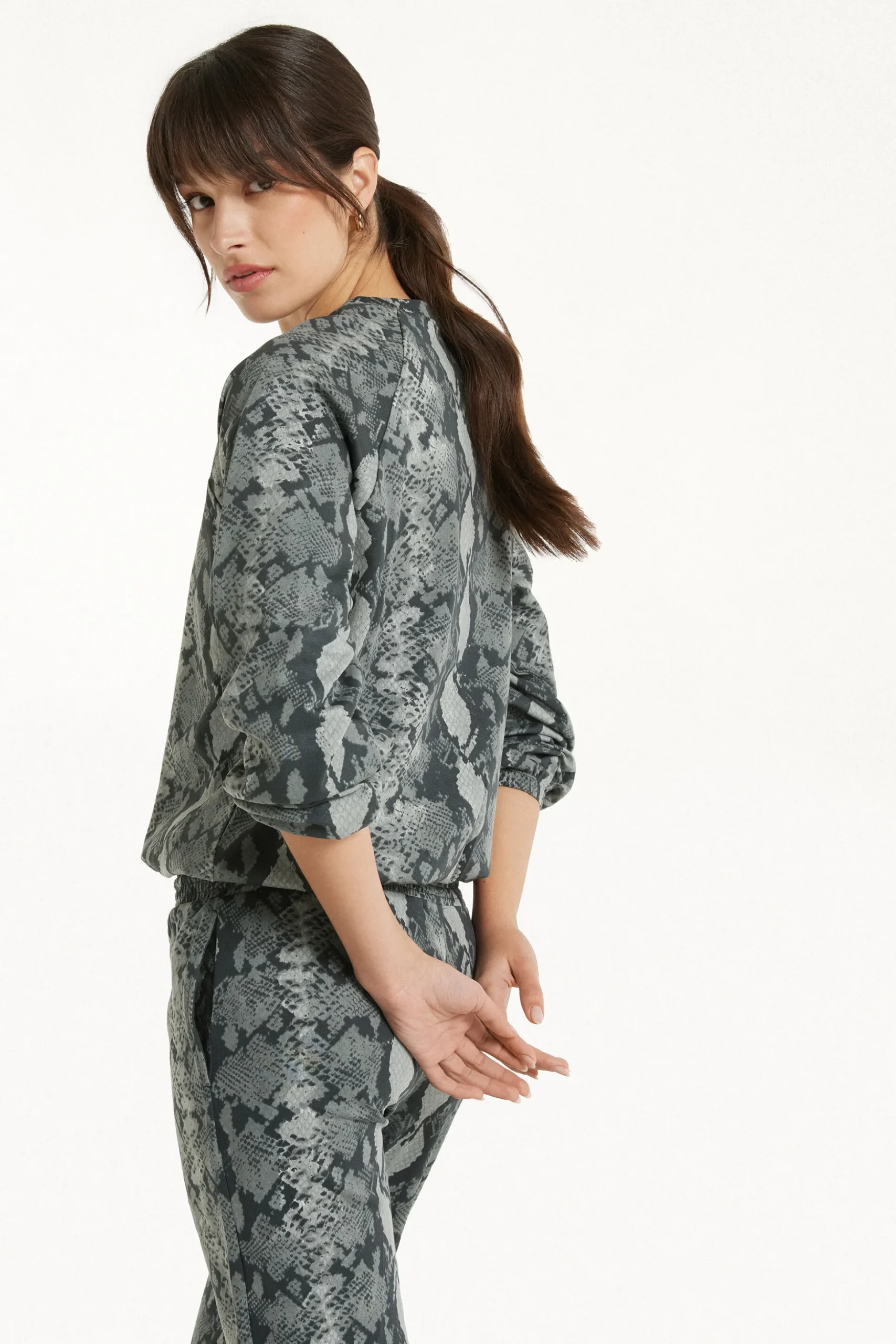 Long Sleeve Printed Crew Neck Sweater - Tracksuits - Women | Tezenis