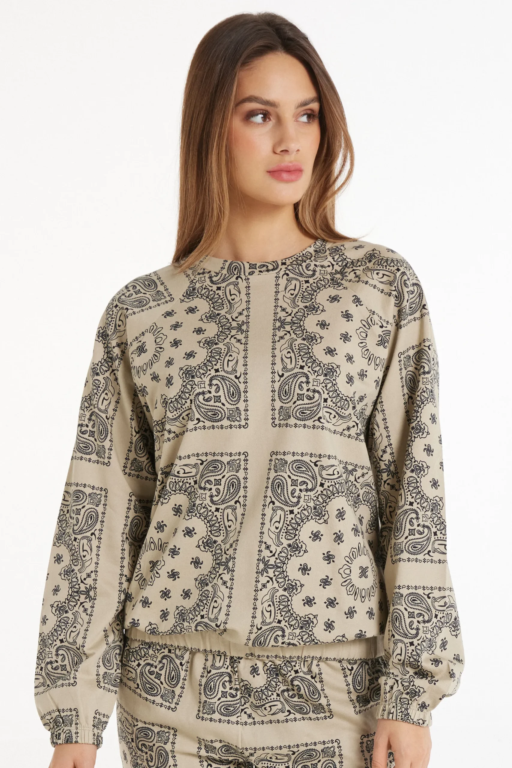 Long Sleeve Printed Crew Neck Sweater - Tracksuits - Women | Tezenis