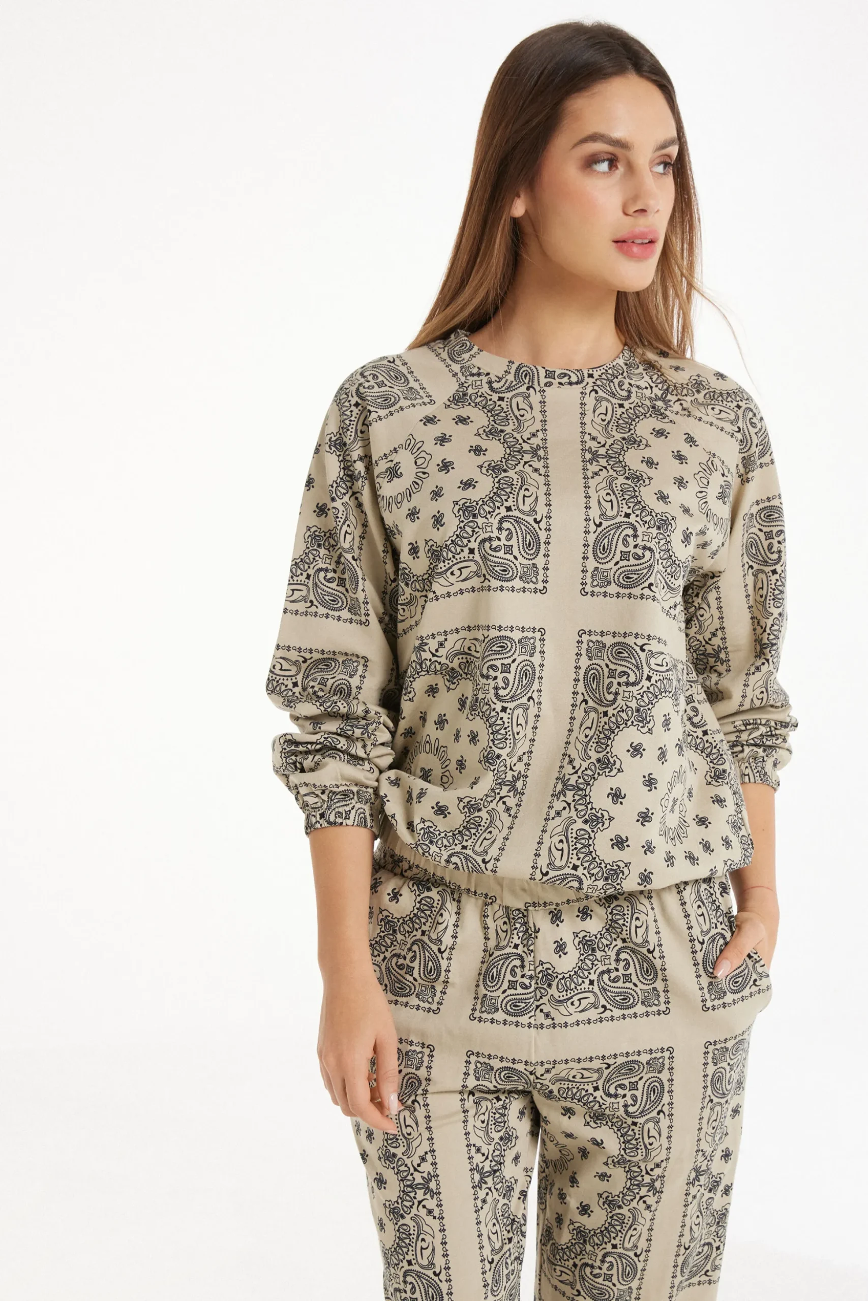 Long Sleeve Printed Crew Neck Sweater - Tracksuits - Women | Tezenis