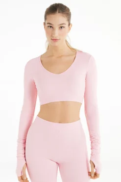 Long Sleeve Scoop Neck Cropped Top In Soft Microfiber - Long-Sleeved Tops - Women | Tezenis