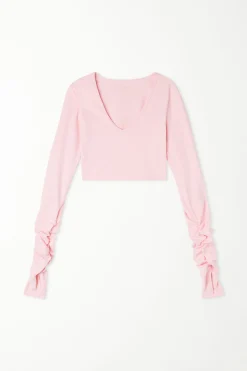 Long Sleeve Scoop Neck Cropped Top In Soft Microfiber - Long-Sleeved Tops - Women | Tezenis