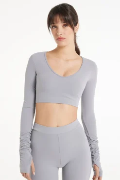 Long Sleeve Scoop Neck Cropped Top In Soft Microfiber - Long-Sleeved Tops - Women | Tezenis