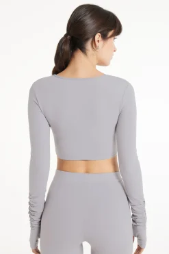 Long Sleeve Scoop Neck Cropped Top In Soft Microfiber - Long-Sleeved Tops - Women | Tezenis