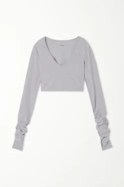 Long Sleeve Scoop Neck Cropped Top In Soft Microfiber - Long-Sleeved Tops - Women | Tezenis