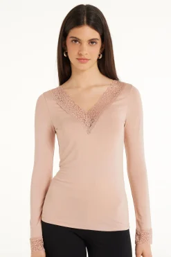 Long Sleeve V-Neck Viscose Top With Lace - Long-Sleeved Tops - Women | Tezenis
