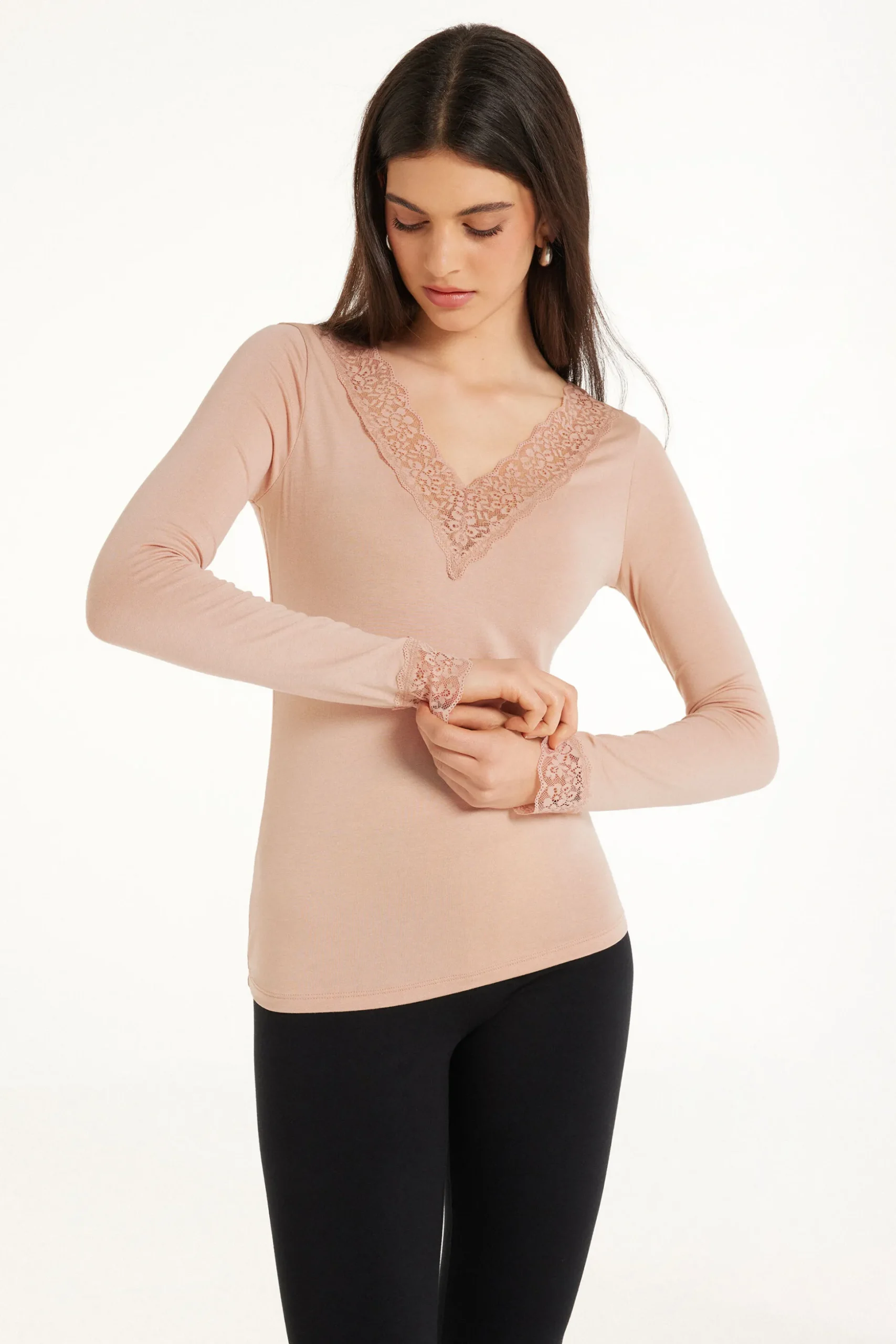 Long Sleeve V-Neck Viscose Top With Lace - Long-Sleeved Tops - Women | Tezenis