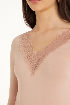 Long Sleeve V-Neck Viscose Top With Lace - Long-Sleeved Tops - Women | Tezenis