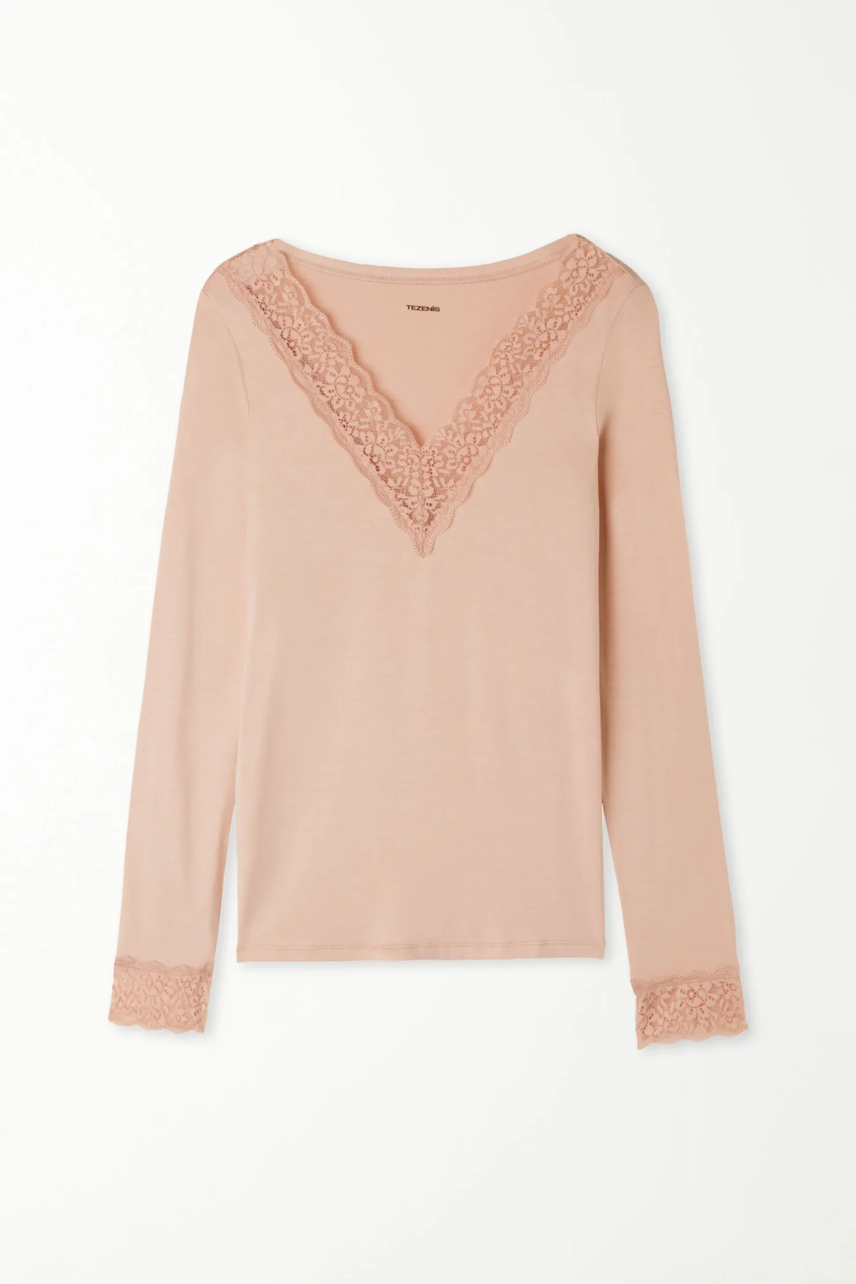 Long Sleeve V-Neck Viscose Top With Lace - Long-Sleeved Tops - Women | Tezenis