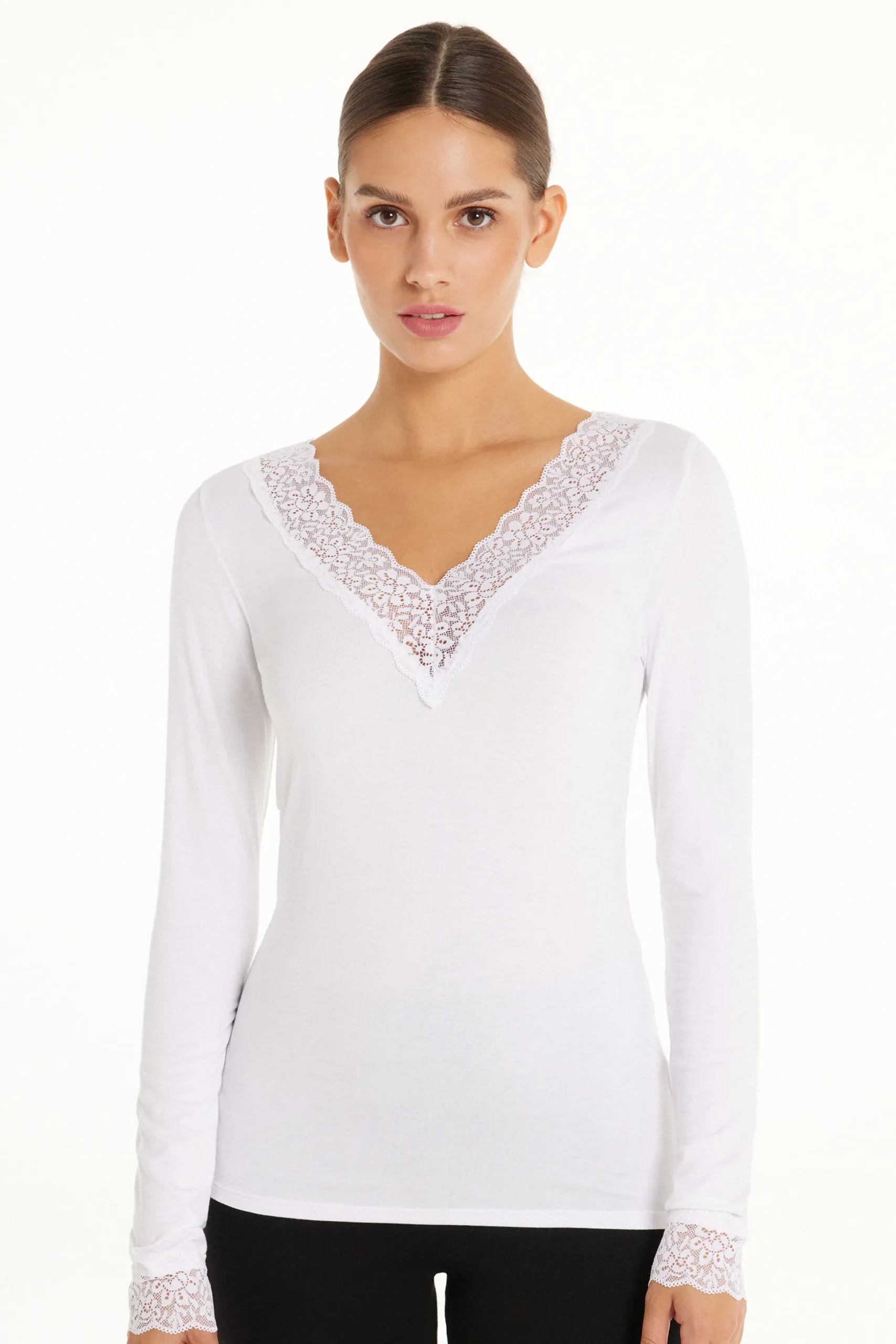 Long Sleeve V-Neck Viscose Top With Lace - Long-Sleeved Tops - Women | Tezenis