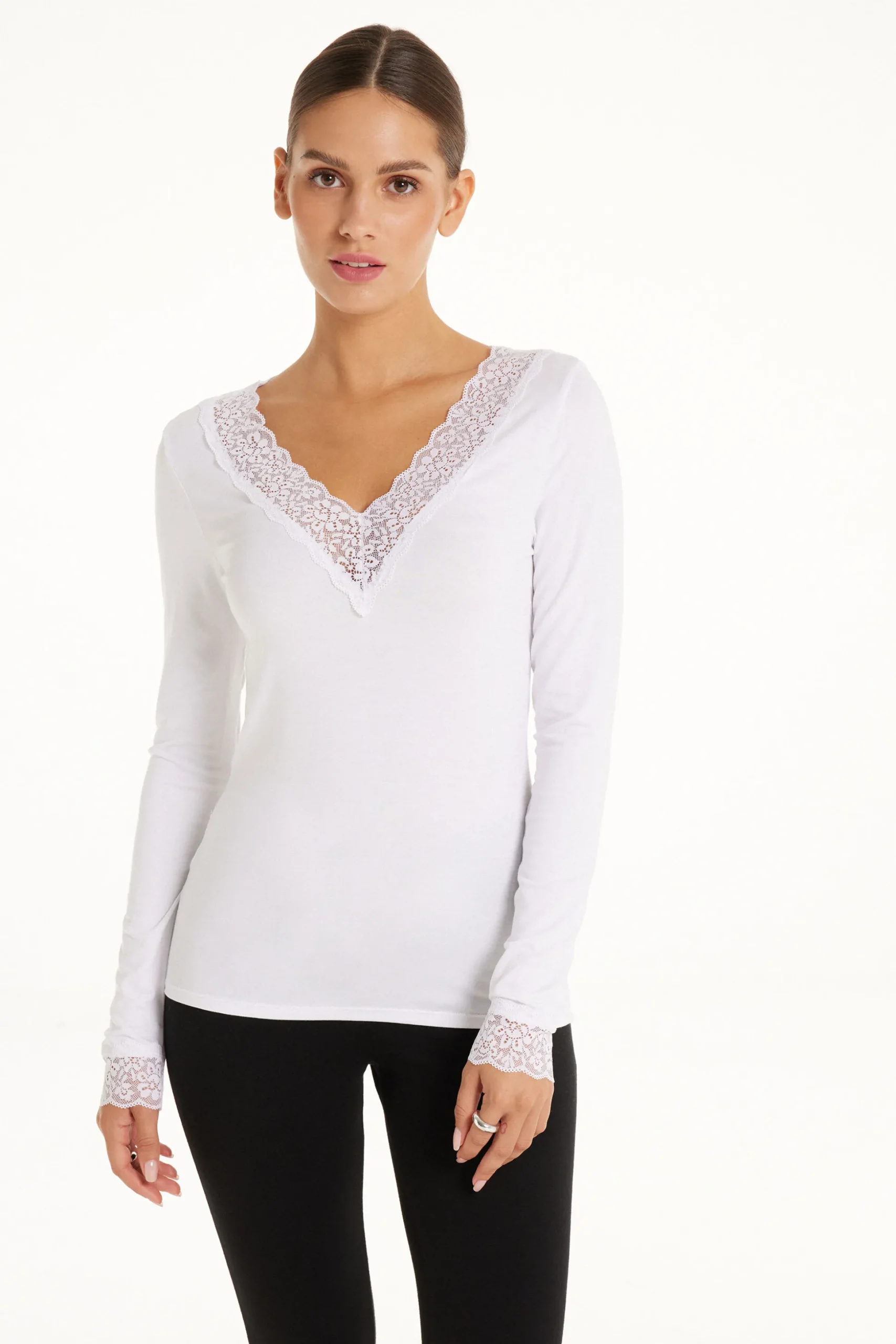 Long Sleeve V-Neck Viscose Top With Lace - Long-Sleeved Tops - Women | Tezenis