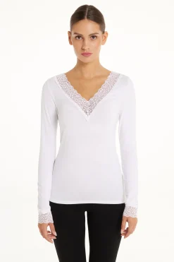 Long Sleeve V-Neck Viscose Top With Lace - Long-Sleeved Tops - Women | Tezenis