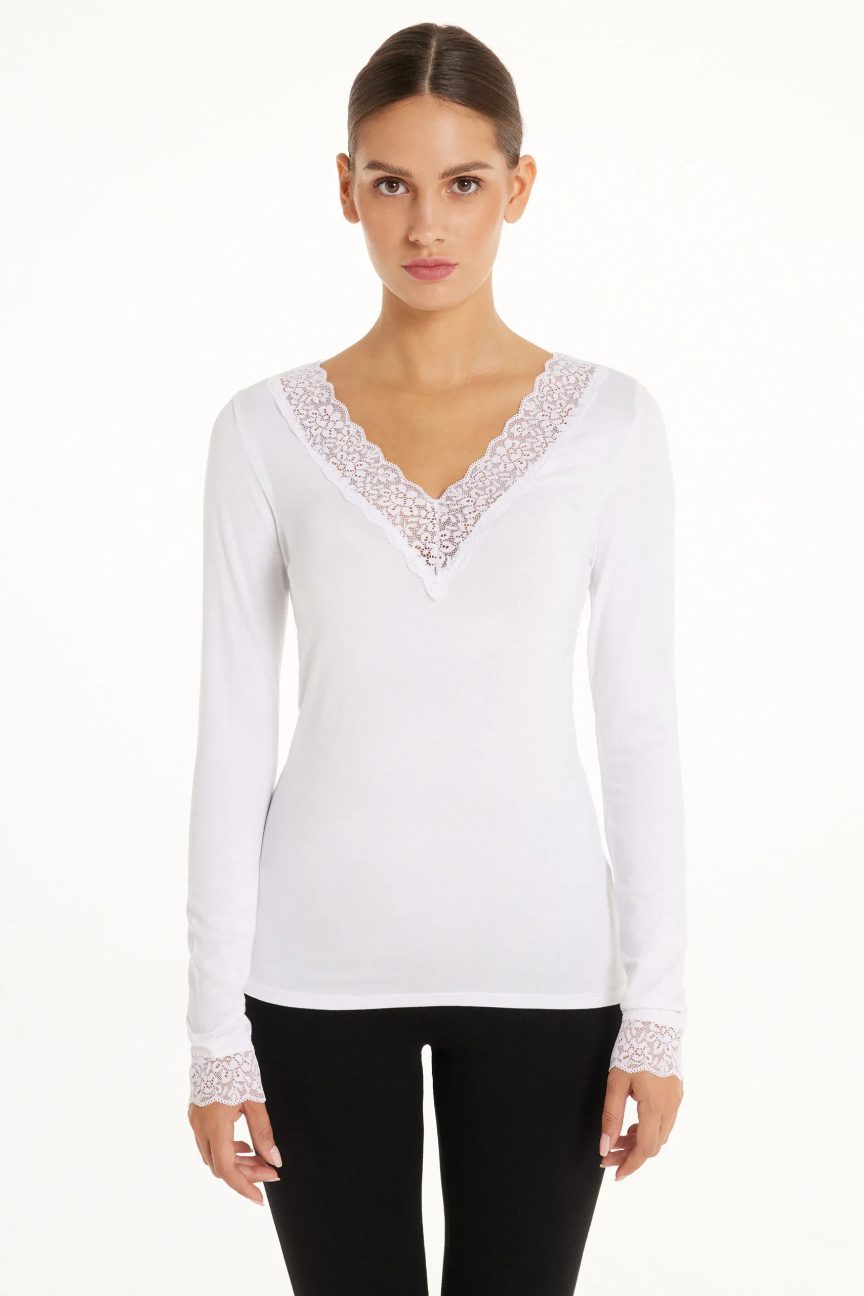 Long Sleeve V-Neck Viscose Top With Lace - Long-Sleeved Tops - Women | Tezenis