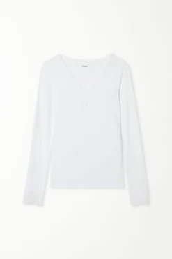 Long Sleeve V-Neck Viscose Top With Lace - Long-Sleeved Tops - Women | Tezenis