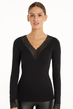 Long Sleeve V-Neck Viscose Top With Lace - Long-Sleeved Tops - Women | Tezenis