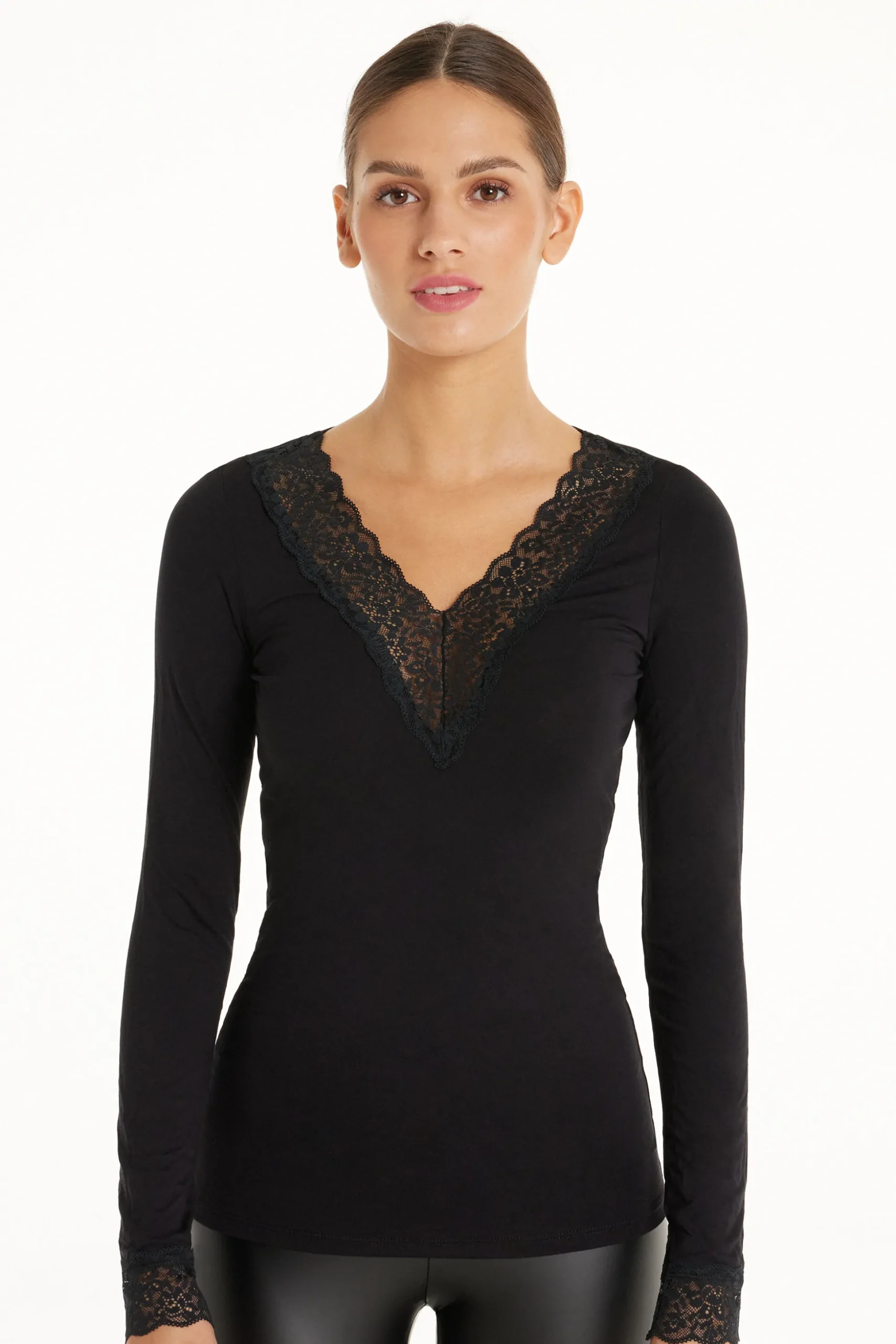 Long Sleeve V-Neck Viscose Top With Lace - Long-Sleeved Tops - Women | Tezenis