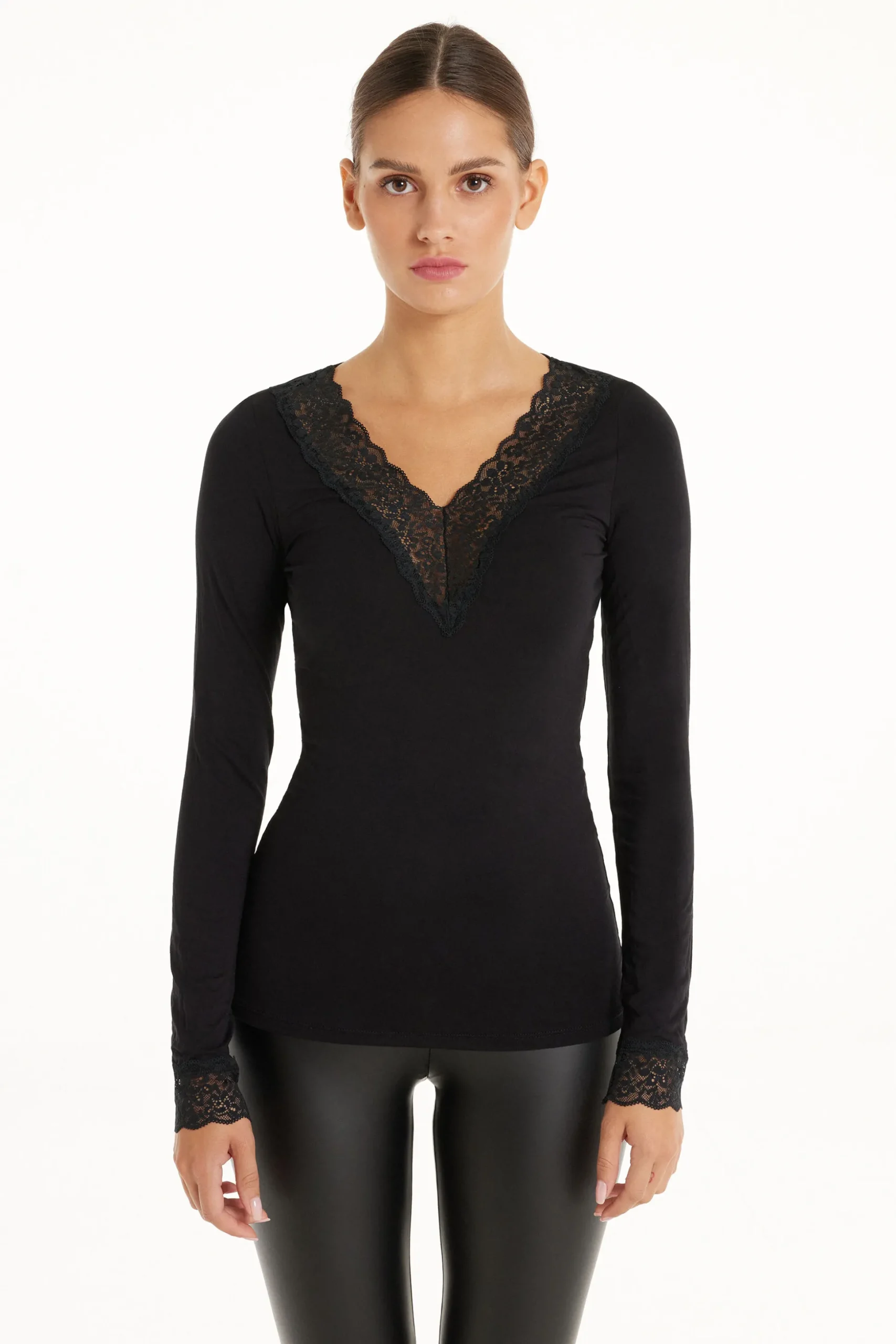 Long Sleeve V-Neck Viscose Top With Lace - Long-Sleeved Tops - Women | Tezenis