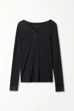 Long Sleeve V-Neck Viscose Top With Lace - Long-Sleeved Tops - Women | Tezenis