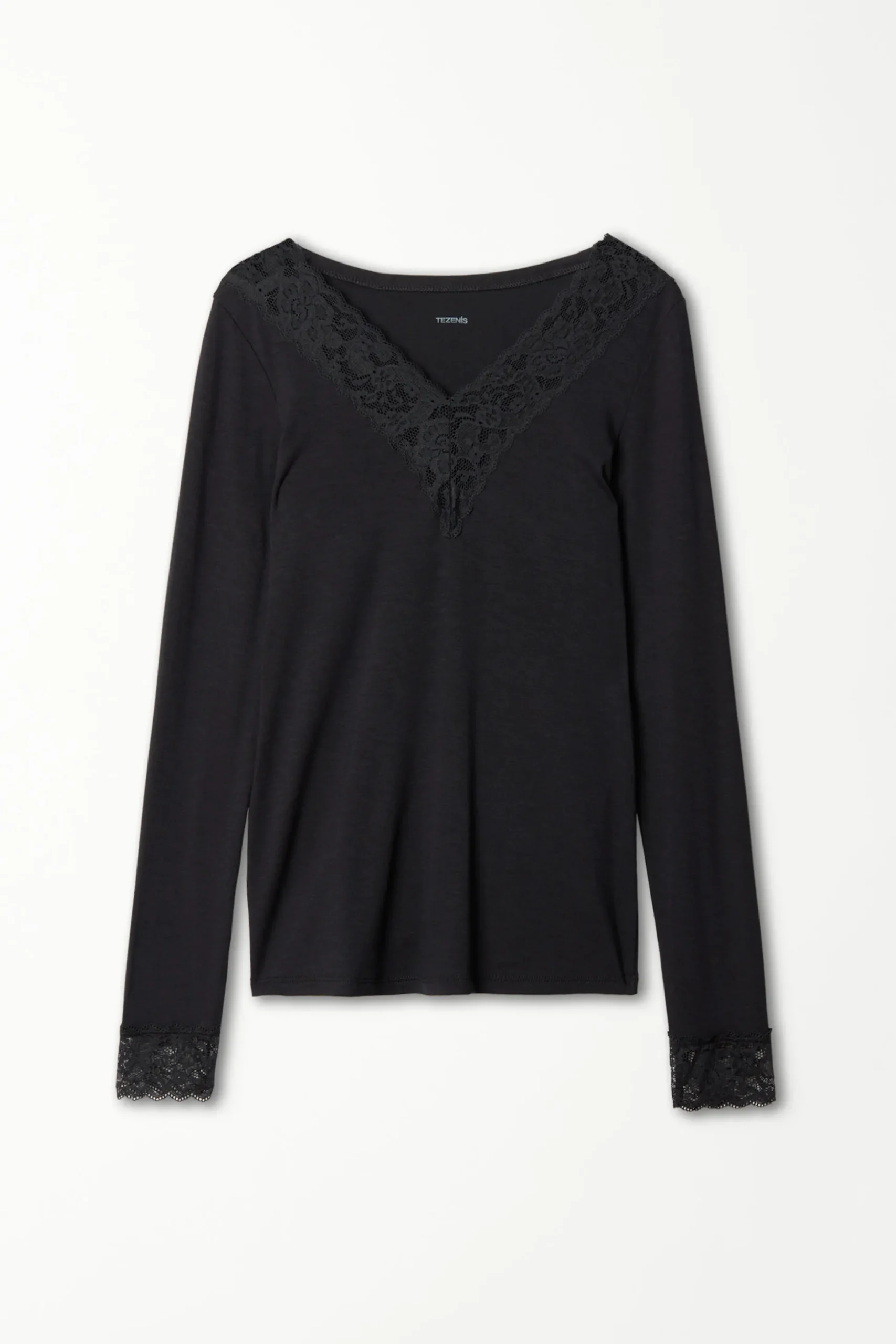 Long Sleeve V-Neck Viscose Top With Lace - Long-Sleeved Tops - Women | Tezenis