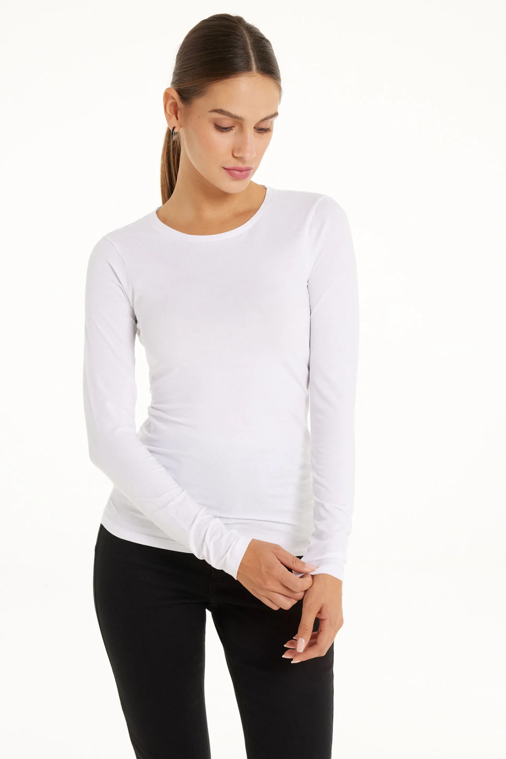 Long-Sleeve Crew-Neck Stretch-Cotton Top - Long-Sleeved Tops - Women | Tezenis