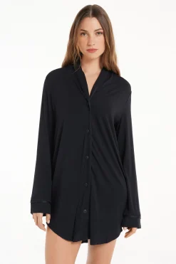 Long-Sleeved Button-Down Satin-Edged Nightgown - Nightdresses And Robes - Women | Tezenis