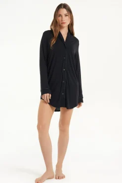 Long-Sleeved Button-Down Satin-Edged Nightgown - Nightdresses And Robes - Women | Tezenis