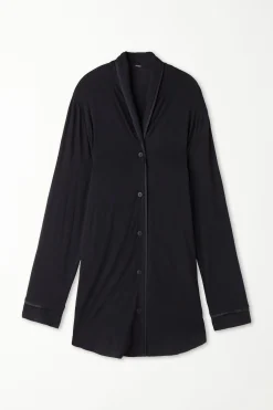 Long-Sleeved Button-Down Satin-Edged Nightgown - Nightdresses And Robes - Women | Tezenis