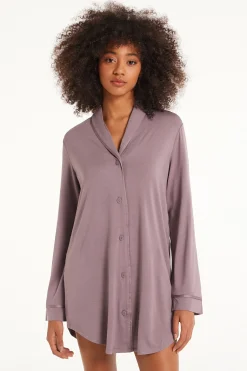 Long-Sleeved Button-Down Satin-Edged Nightgown - Nightdresses And Robes - Women | Tezenis