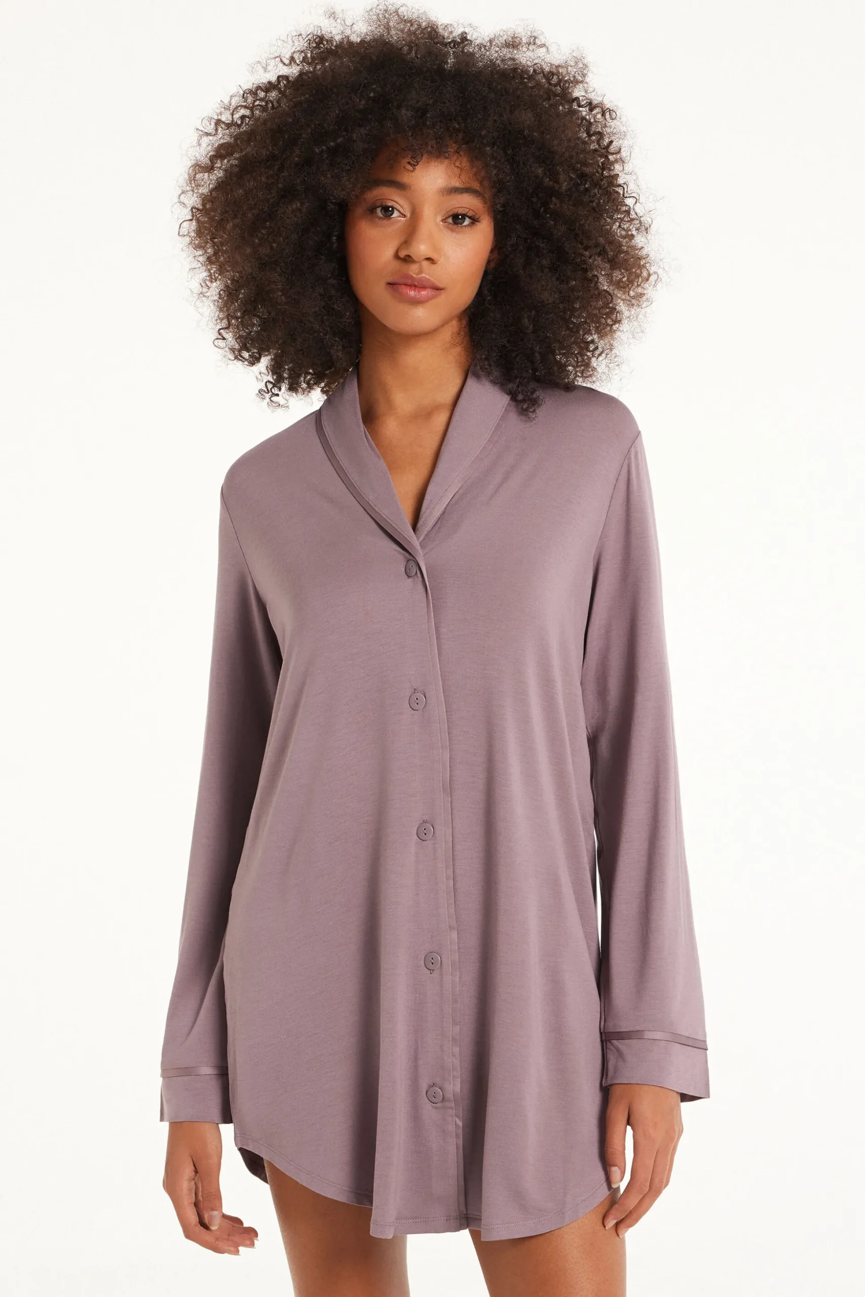Long-Sleeved Button-Down Satin-Edged Nightgown - Nightdresses And Robes - Women | Tezenis
