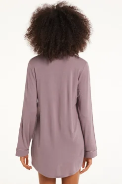 Long-Sleeved Button-Down Satin-Edged Nightgown - Nightdresses And Robes - Women | Tezenis