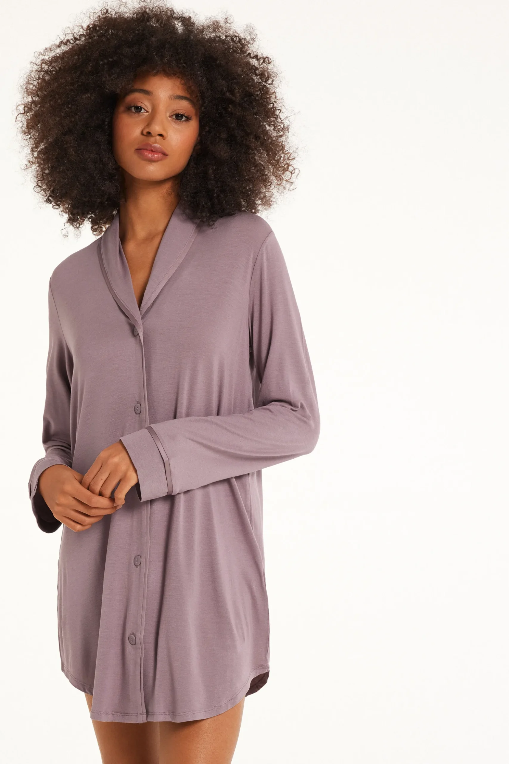 Long-Sleeved Button-Down Satin-Edged Nightgown - Nightdresses And Robes - Women | Tezenis