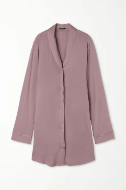 Long-Sleeved Button-Down Satin-Edged Nightgown - Nightdresses And Robes - Women | Tezenis