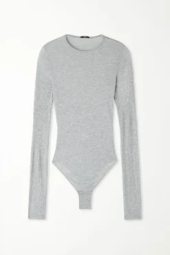 Long-Sleeved Crew-Neck Ultra-Lightweight Ribbed Viscose Bodysuit - Bodysuits - Women | Tezenis
