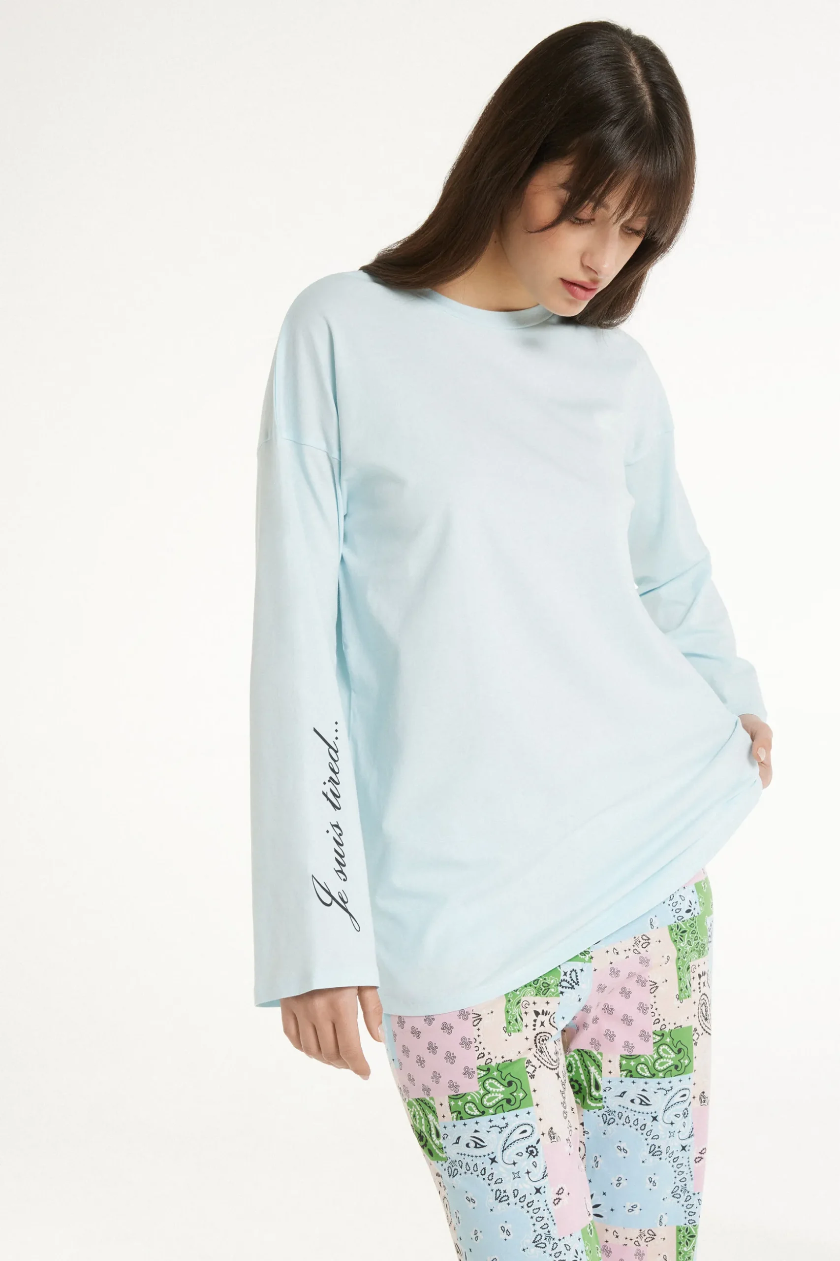 Long-Sleeved Oversized Cotton Top - Pajama Sets - Women | Tezenis