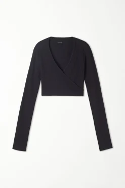 Long-Sleeved Ribbed Criss-Cross Crop Top - Long-Sleeved Tops - Women | Tezenis