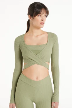 Long-Sleeved Ribbed Criss-Cross Crop Top - Long-Sleeved Tops - Women | Tezenis