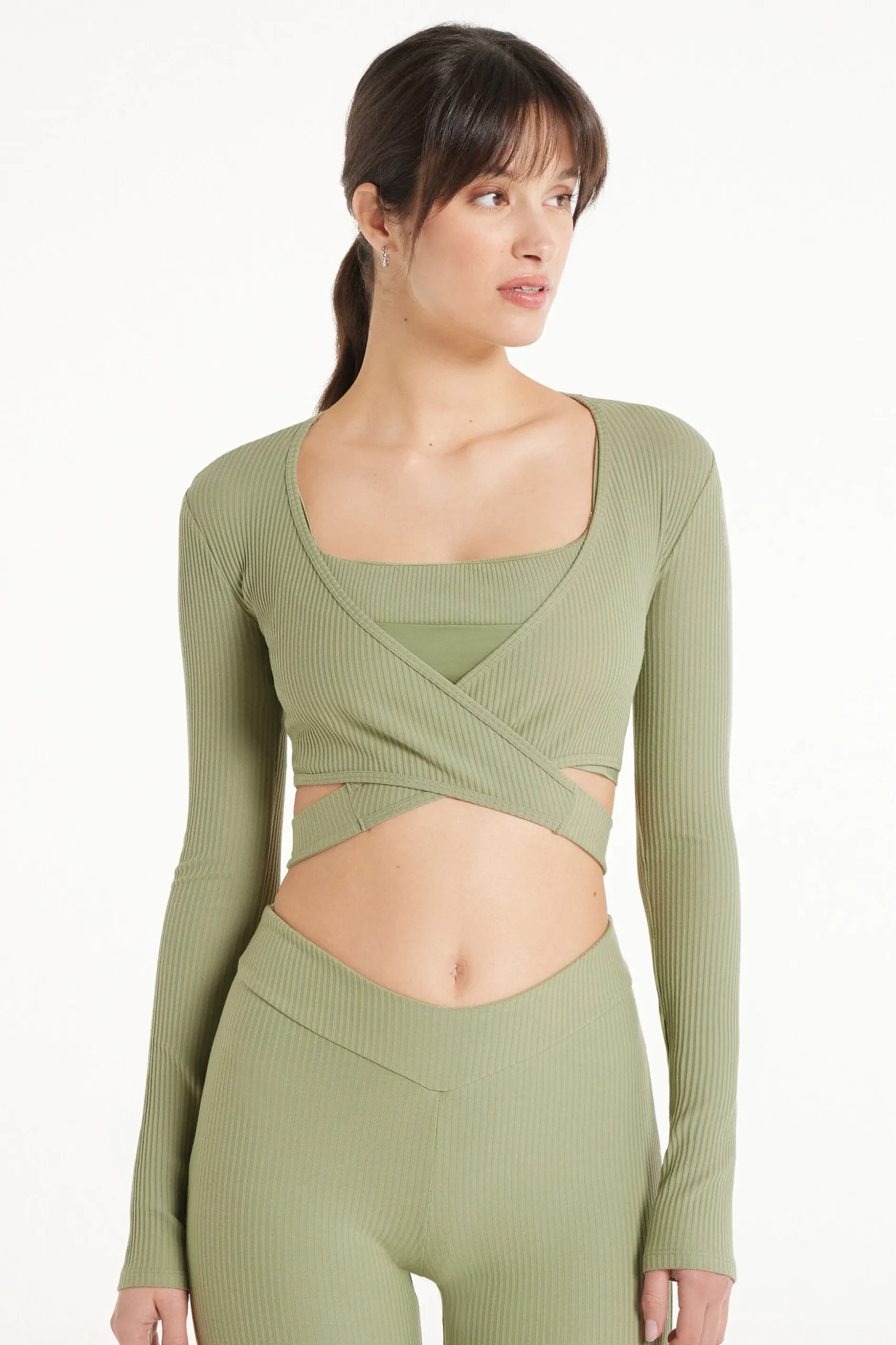 Long-Sleeved Ribbed Criss-Cross Crop Top - Long-Sleeved Tops - Women | Tezenis