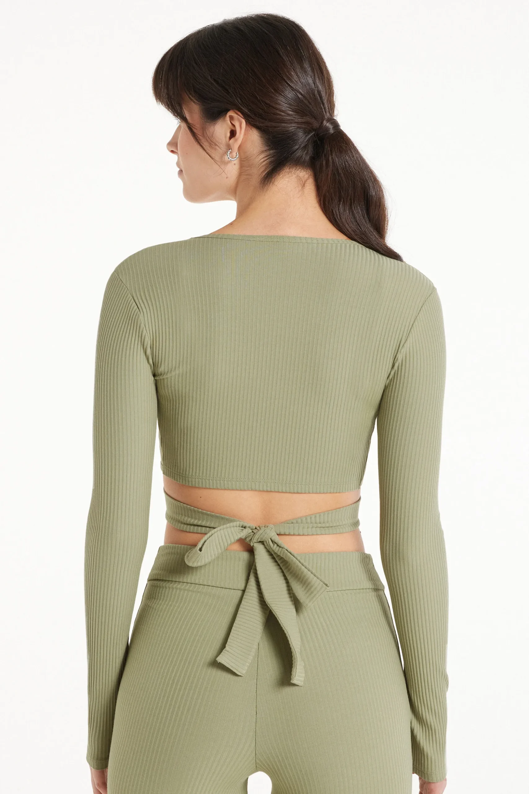 Long-Sleeved Ribbed Criss-Cross Crop Top - Long-Sleeved Tops - Women | Tezenis