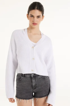 Long-Sleeved Ribbed Cropped Button-Up Cardigan - Cardigans And Sweaters - Women | Tezenis