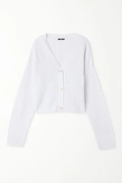 Long-Sleeved Ribbed Cropped Button-Up Cardigan - Cardigans And Sweaters - Women | Tezenis