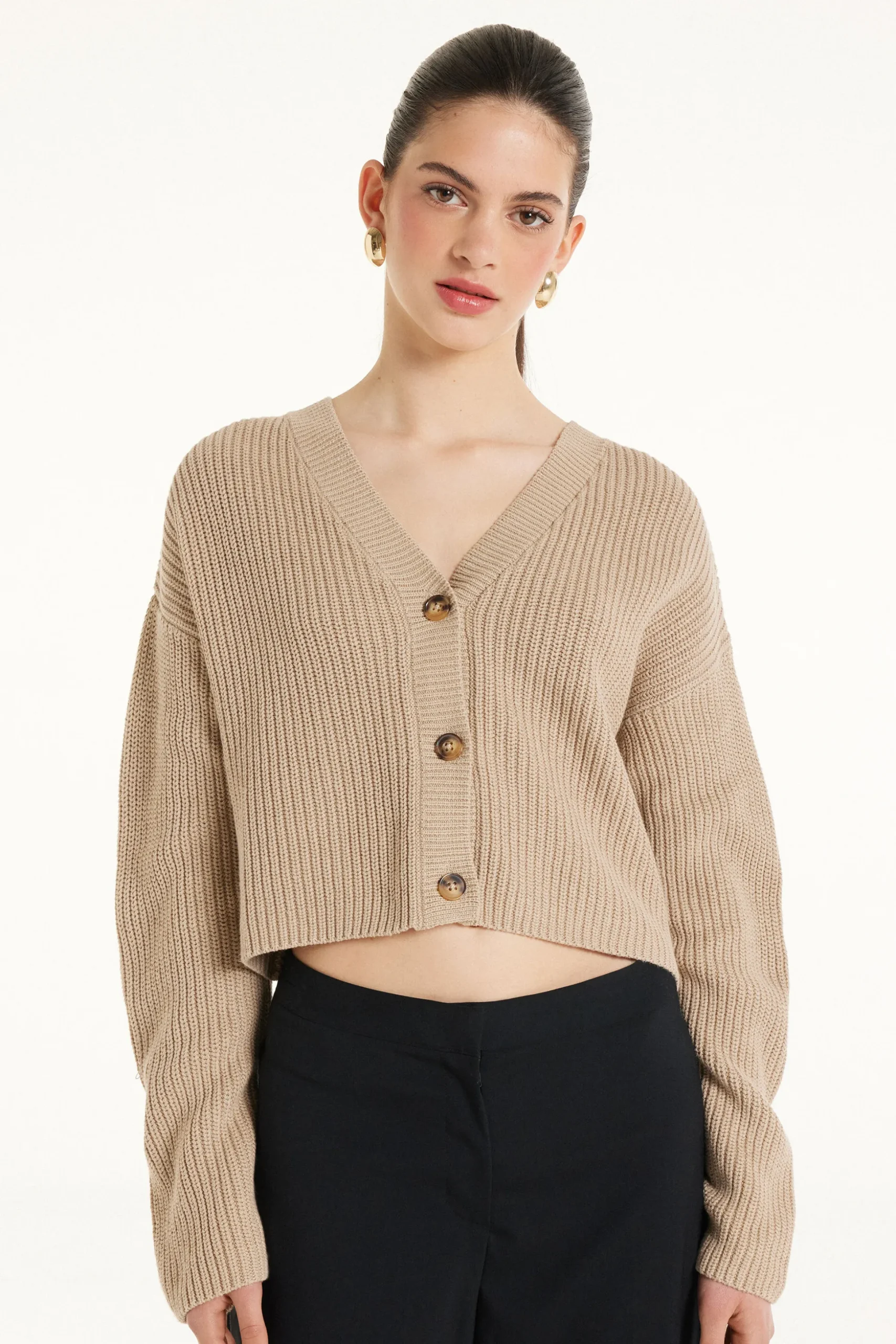 Long-Sleeved Ribbed Cropped Button-Up Cardigan - Cardigans And Sweaters - Women | Tezenis