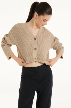 Long-Sleeved Ribbed Cropped Button-Up Cardigan - Cardigans And Sweaters - Women | Tezenis