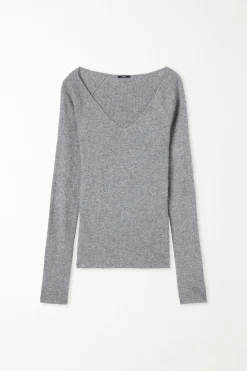 Long-Sleeved Ribbed Wool V-Neck Sweater - Cardigans And Sweaters - Women | Tezenis