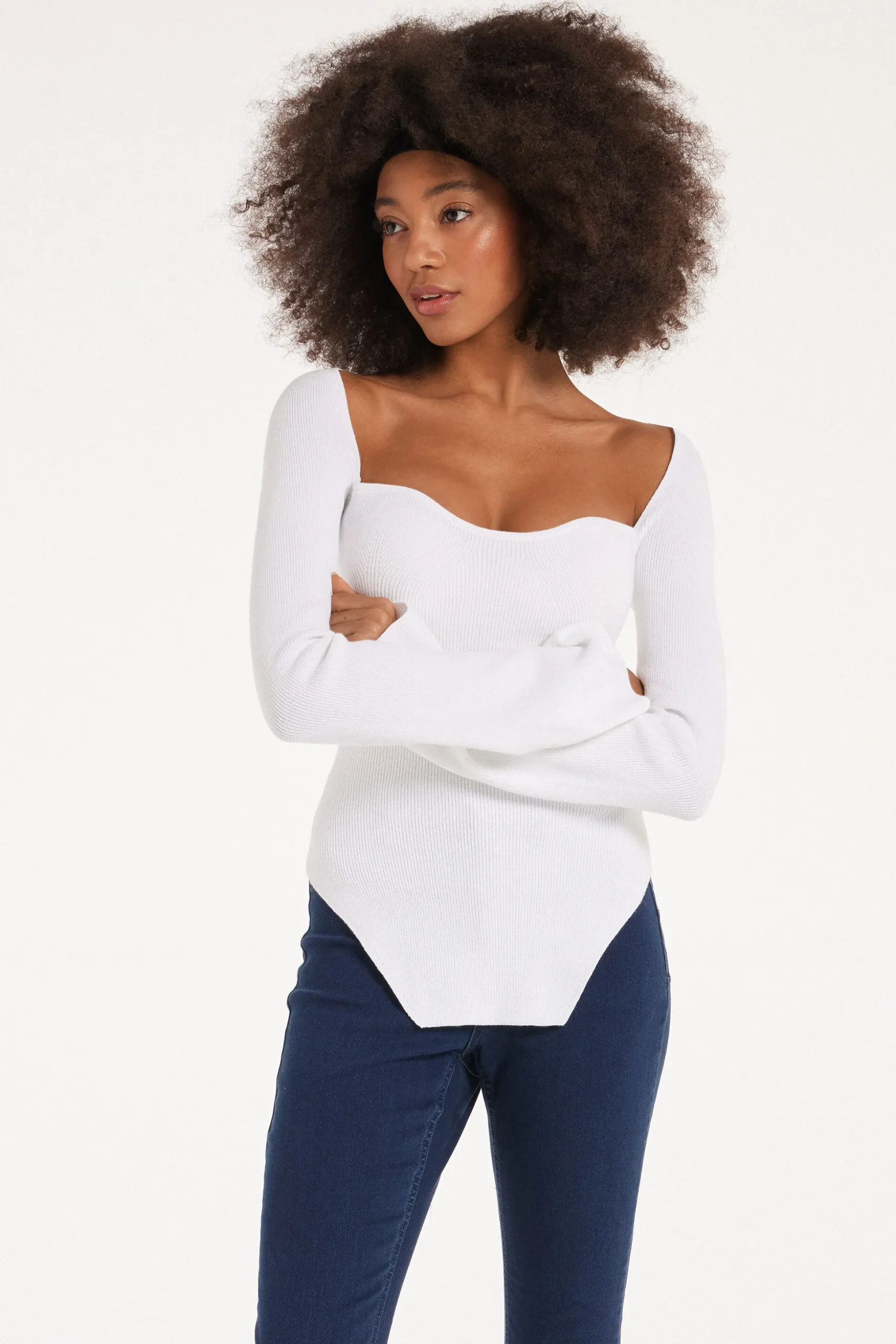 Long-Sleeved Sweetheart-Neckline Ribbed Top - Long-Sleeved Tops - Women | Tezenis