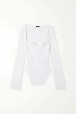 Long-Sleeved Sweetheart-Neckline Ribbed Top - Long-Sleeved Tops - Women | Tezenis