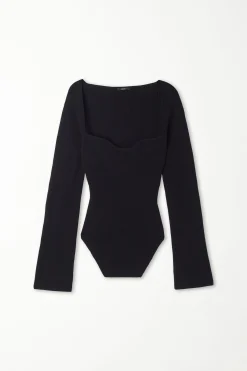 Long-Sleeved Sweetheart-Neckline Ribbed Top - Long-Sleeved Tops - Women | Tezenis