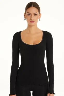 Long-Sleeved Top In 100% Ribbed Cotton And Satin - Long-Sleeved Tops - Women | Tezenis