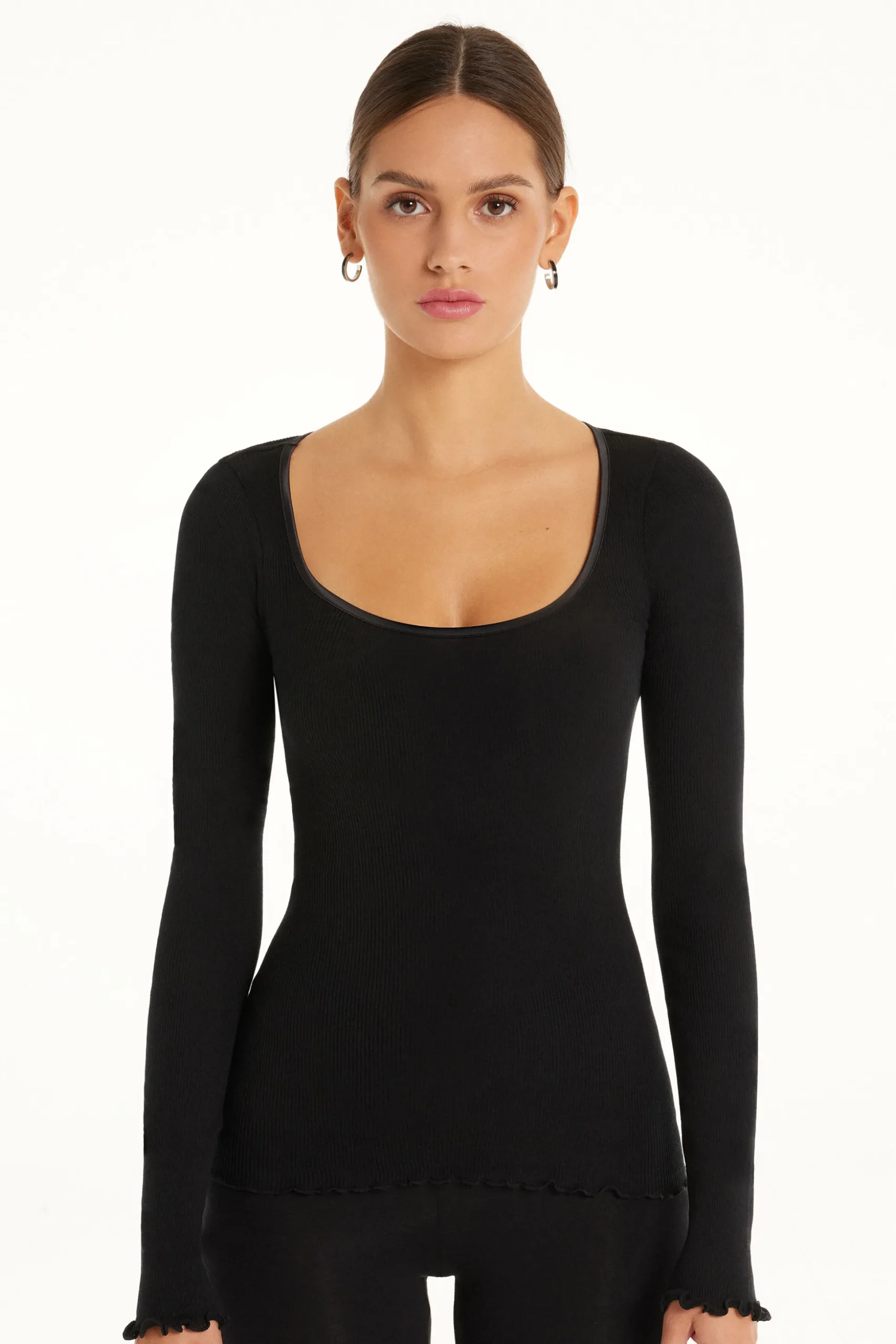 Long-Sleeved Top In 100% Ribbed Cotton And Satin - Long-Sleeved Tops - Women | Tezenis